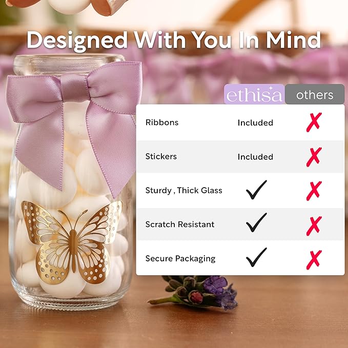 Ethisa Small 24 Pack Butterfly Party Favor Glass Bottles with Ribbons and Stickers - Vintage Baby Shower and Birthday Favors for Guests and Table Centerpieces Decorations - Purple Theme Candy Jar