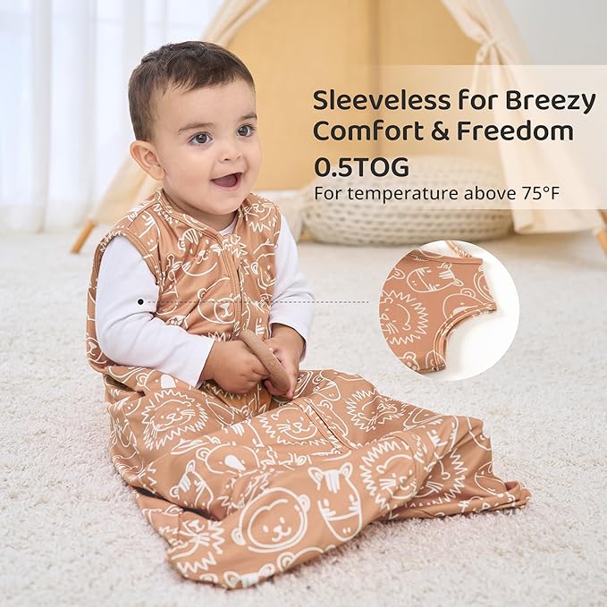 FIEMOL Baby Sleep Sack 12-18 Months, 0.5 TOG Wearable Blanket for Baby Boy and Girl, 2-Way Zipper Toddler Sleeping Bag 2 Pack, Lightweight Sleep Sacks Orange Animal（Large）