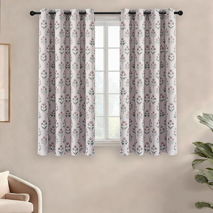RYB HOME 100% Blackout Floral Curtains 63 Inches Long, Grommet Room Darkening Thermal Insulated Vintage Patterned Flower Drapes for Bedroom Living Room Dining Room, Pink, W52 x L63, 2 Panels