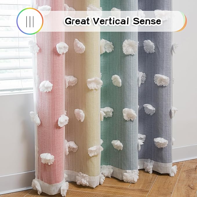 MYSKY HOME Rainbow Curtains for Bedroom 90 Inches Long Living Room Curtains Pom Pom Sheer Curtains for Dining Room Grommet Double Layer Nursery Curtains Toddler Room Darkening Window Panels 52" x 90"