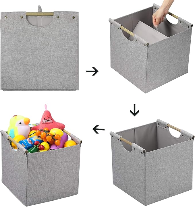 HOONEX Collapsible Storage Bins, 12x12x12in Storage Cubes Linen Fabric, 3 Pack, Storage Baskets with Wooden Carry Handles and Sturdy Heavy Cardboard, for Home, Office, Car, Nursery, Light Grey