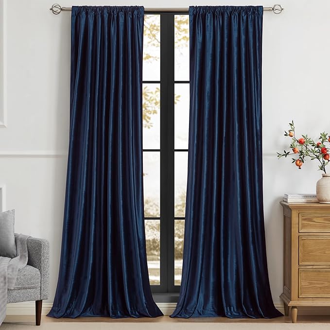 PRIMROSE Navy Blue Velvet Curtains 120 inch Long for Living Room,Set of 2 Panels Blackout Rod Pocket Back Tab Window Treatment Room Darkening Heavy Decorative Curtains Drapes for Bedroom