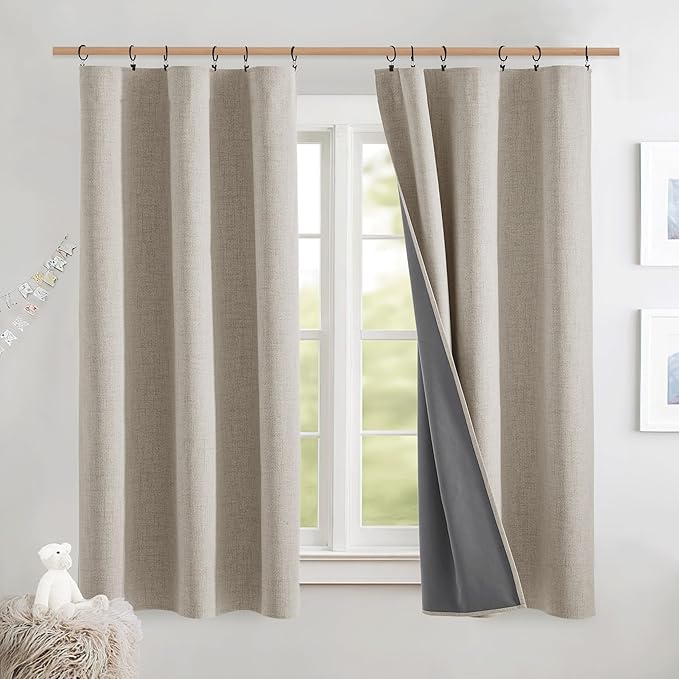 NICETOWN Natural Thick Linen Blend 100% Blackout Curtains with Grey Liners, Rod Pocket Back Tab Thermal Insulated Flax Textured Full Blackout Window Draperies for Kitchen (2 Panels, 42" W by 63" L)