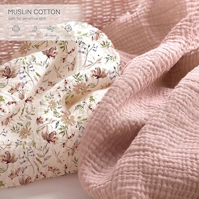 lulumoon Mini Crib Sheets 2-Pack: Soft Muslin Cotton Pack and Play Sheets for Playard Mattress - Boho Floral Print for Girls