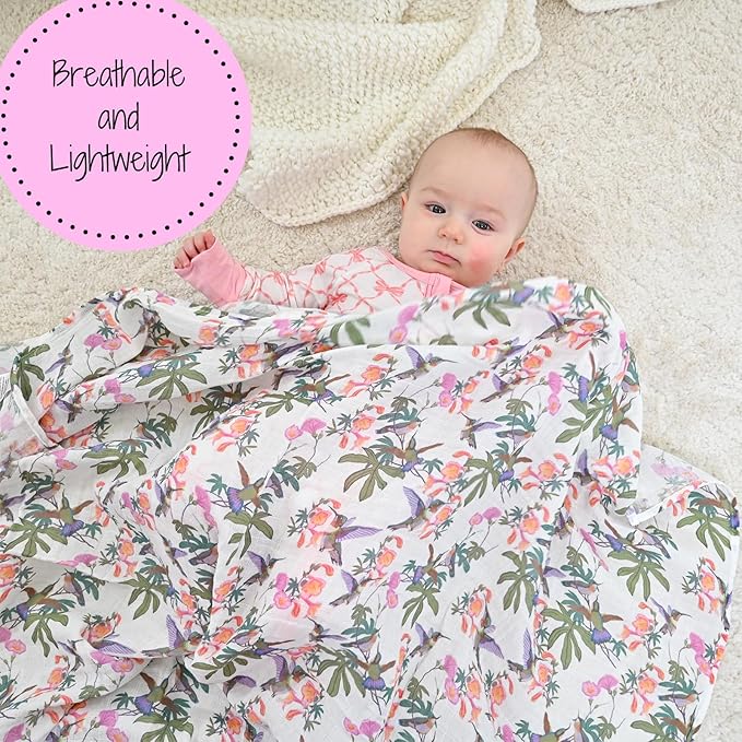 LollyBanks Baby Swaddle Blanket, 100% Cotton Muslin Blankets for Girls, 47 x 47 Inches Soft and Breathable Swaddles for Newborn, Gentle Baby Wrap Swaddle, Registry (Hummingbird Print)