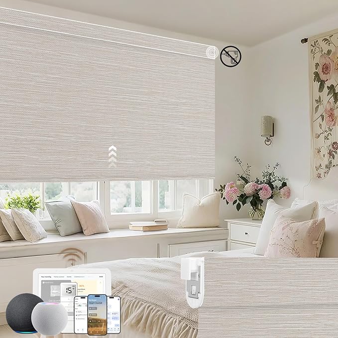 Kincmo No Drill Motorized Blinds with Remote, 100% Blackout Roller Shades for Windows, Custom Electric Blinds Compatible with Alexa, Apple Homekit, Google Home (100% Blackout Dreamy Beige)