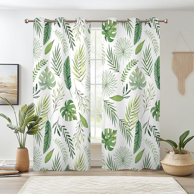 Renaiss Green Leaf Blackout Curtains, Tropical Safari Plants Patterned Thermal Insulated Bedroom Window Curtains, Eucalyptus Botanical Window Drapes for Living Room, 63" L x 42" W 2 Panel Set