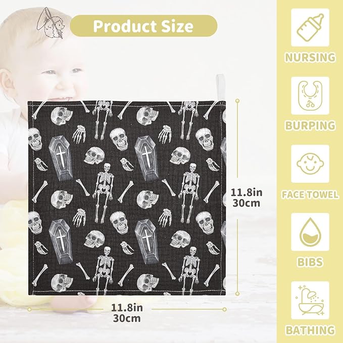 vvfelixl Baby Washcloths Cotton Creepy Skull Baby Muslin Washcloths Soft Baby Face Towel for Newborn Infants, 11.8 X 11.8 inch, one sizex5