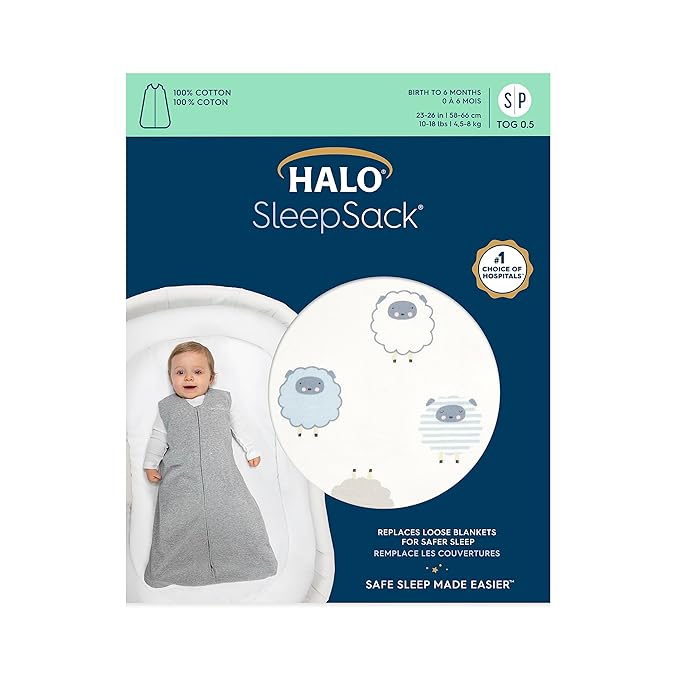 HALO SleepSack, 100% Cotton Wearable Blanket, Swaddle Transition Sleeping Bag, TOG 0.5, Sleepy Sheep, Large, 12-18 Months