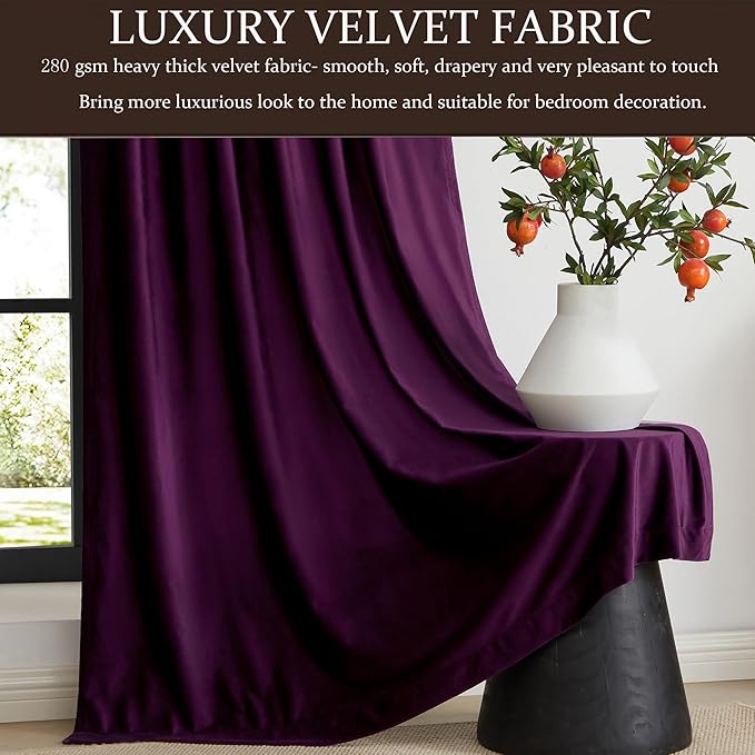 PRIMROSE 100% Full Blackout Purple Velvet Curtains 108 inch Long for Living Room,Set of 2 Liner Rod Pocket Back Tab Thermal Window Curtains Room Darkening Heavy Decorative Curtains Drapes for Bedroom