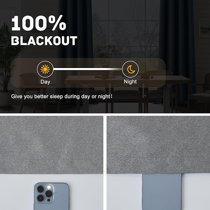 100% Blackout Linen Textured Curtains 84 Inch Length 2 Panels Set for Living Room, Bedroom, Light Weight Curtains with Grommets Top, Full Blackout Curtains Privacy Protection, Gray, 52" W x 84" L