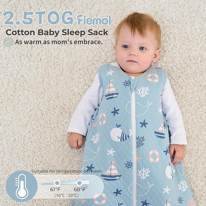 FIEMOL Baby Sleep Sack 18-24 Months 2.5 TOG, Winter Cotton Sleepsack for Toddler, Warm Quilted Baby Wearable Blanket, Baby Sleeping Bag with 2-Way Zipper Blue Sea