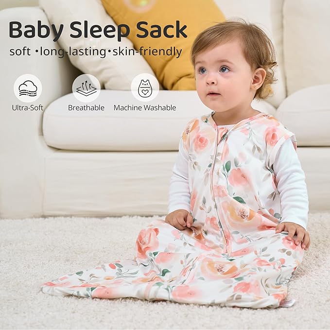 FIEMOL Baby Sleep Sack 0-6 Months, 0.5 TOG Wearable Blanket for Baby Boy and Girl, 2-Way Zipper Newborn and Infant Sleeping Bag 2 Pack, Lightweight Sleep Sacks Orange Flower（Small）