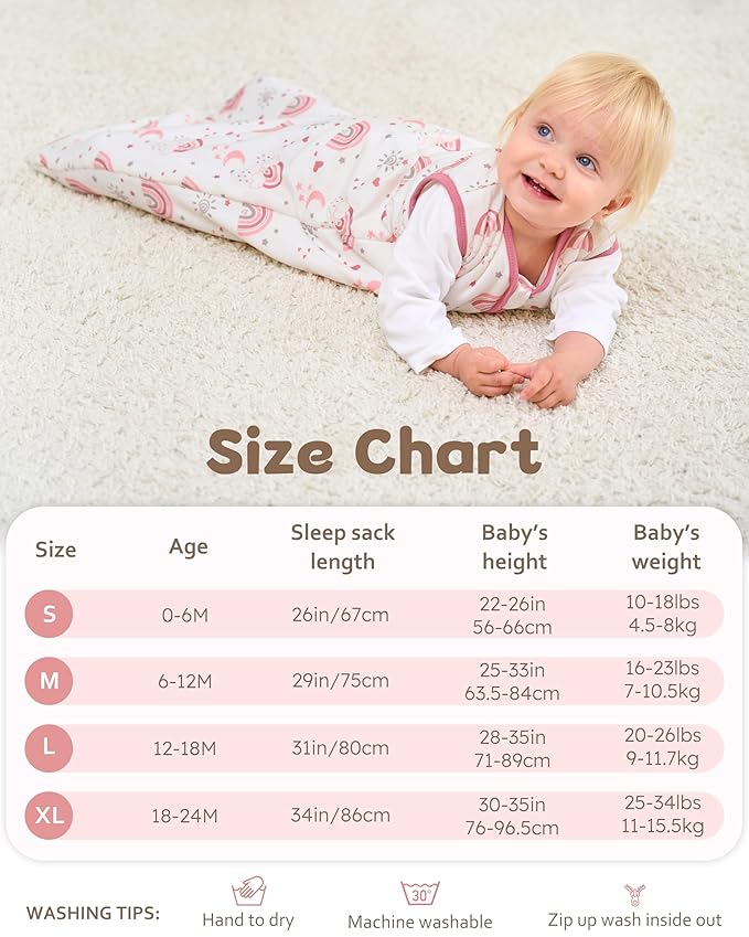 FIEMOL Rayon Made from Bamboo Baby Sleep Sack 12-18 Months, 1.0 Tog Baby Wearable Blanket, Soft Sleeping Bag for Infant Toddler Babies with 2-Way Zipper 2 Pack (Large) Pink Rainbow