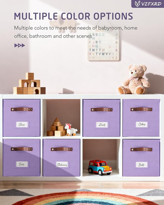 10.5 Inch Storage Cubes with Labels, 6-Pack Non-Woven Fabric Bins with Handles, Foldable Organizer for Closet, Shelf, Bedroom, Nursery & Home Organization (Purple)
