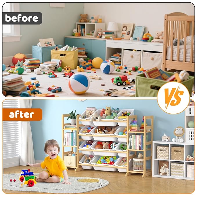 Large Toy Storage Organizer Kids Toy Organizer and Bookshelf Combo with 12 Bins and 6 Shelves Toy Organization Box Toy Shelf for Playroom, Bedroom, Nursery