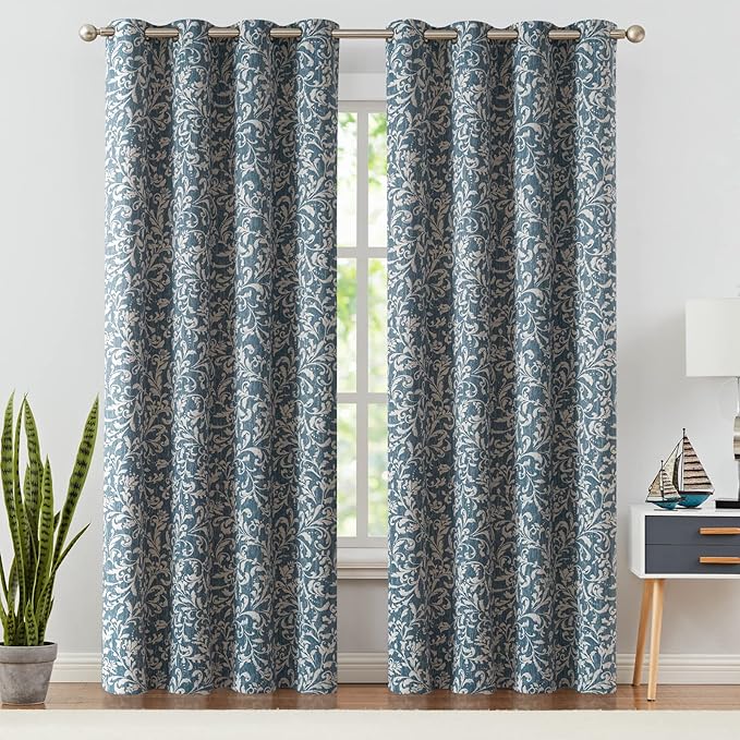 jinchan 80% Blackout Curtains for Living Room, Farmhouse Drapes with Scroll Floral Patterned for Bedroom, Grommet Top Thermal Insulated Curtains, Vintage Country Drapes 90 inch Length 2 Panels Blue