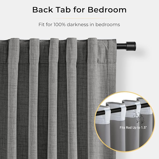 INOVADAY 100% Blackout Curtains for Bedroom, Black Out Curtains 90 Inch Long, Clip Rings Linen Blackout Drapes, Thermal Insulated Room Darkening for Living Room, 2 Panels - DarkgreyW50xL90