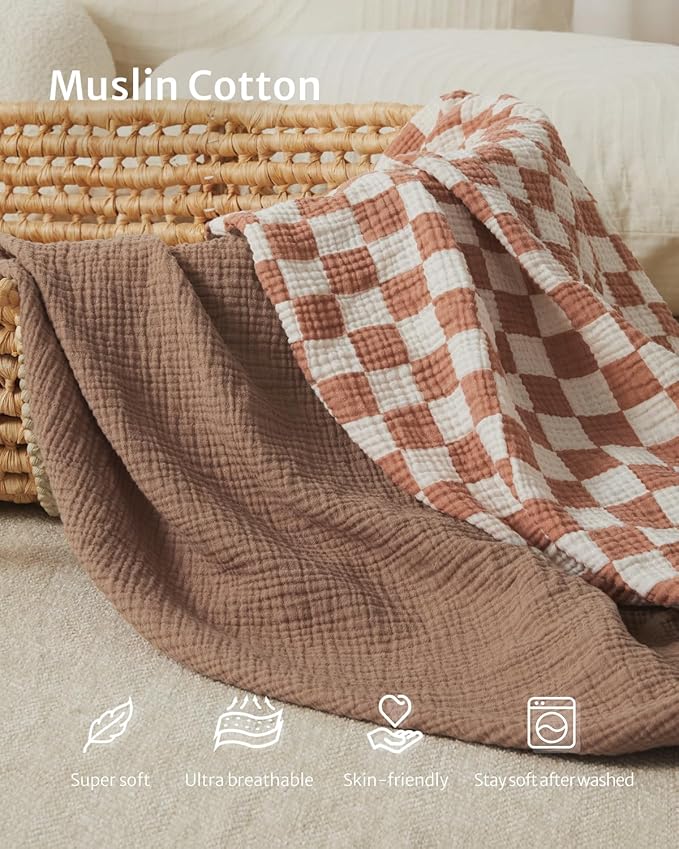 Blissful Diary Muslin Mini Crib Sheets, Pack and Play Mattress Sheets Fitted for Pack N Play, Soft Cotton for Boys Girls, 2 Pack(Brown Checkboard & Brown)