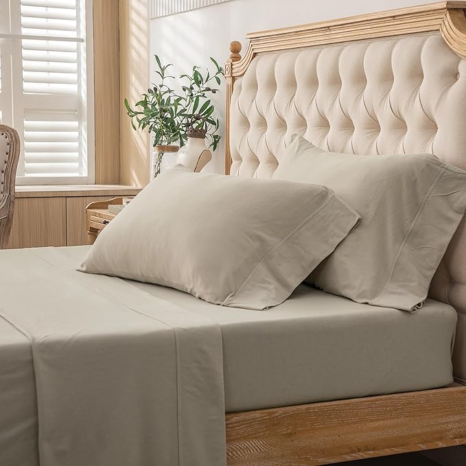 PURE ERA Jersey Knit 4pc Bed Sheet Set 100% T-Shirt Heather Cotton Super Soft Comfy Breathable Fits Mattress Up to 20" Extra Deep Pocket (Dark Beige,King)