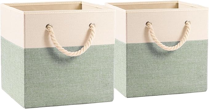 PRANDOM Large Foldable Cube Storage Bins 13x13 inch [2-Pack] Fabric Linen Storage Baskets Cubes Drawer with Cotton Handles Organizer for Shelves Nursery Closet Bedroom Beige/Green