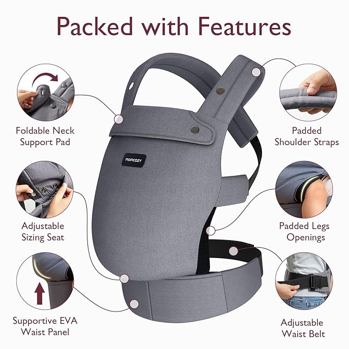 Momcozy Baby Carrier - Ergonomic, Cozy and Lightweight Carrier for 7-45lbs, Effortless to Put On, Ideal for Hands-Free Parenting, Enhanced Lumbar Support, Purehug for Infant to Toddler, Grey