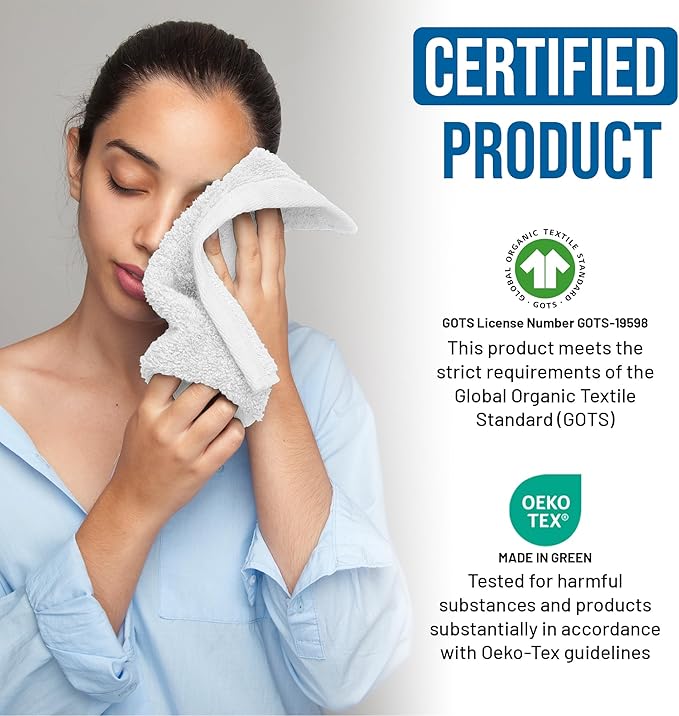 Organic Cotton Wash Cloths Plush Feather Touch Quick Dry Wash Cloths Pack of 12 GOTS & Oeko- TEX Certified | Premium Soft, Absorbent, Small Hand Face Towels Wash Rags– White