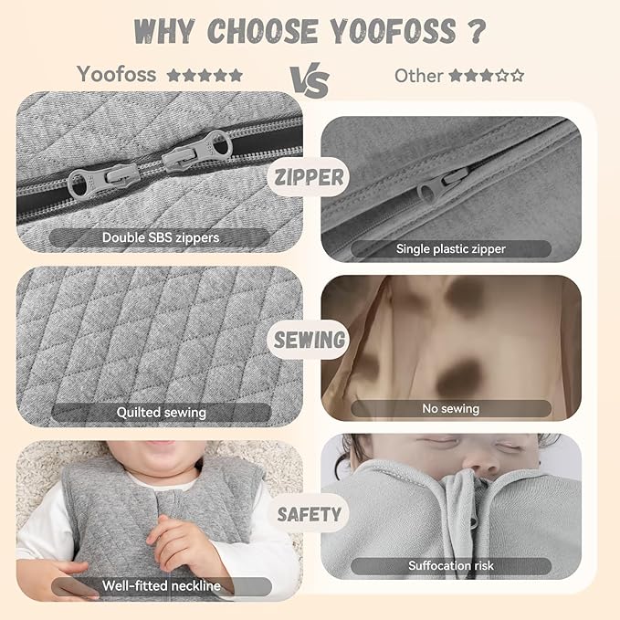 Yoofoss Baby Sleep Sack 6-12 Months TOG 2.5 Winter Baby Wearable Blanket, 100% Organic Cotton Infant Toddler Sleeping Sack 2-Way Zipper Warm Quilted Sleep Sack
