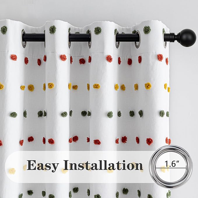 MEETSKY Colorful Pom Pom 100% Blackout Curtains for Girls Bedroom 95 Inch Long 100% Light Blocking Curtains for Living Room 2 Panels Room Darkening Grommet Double Layer Drapes 52W x 95L