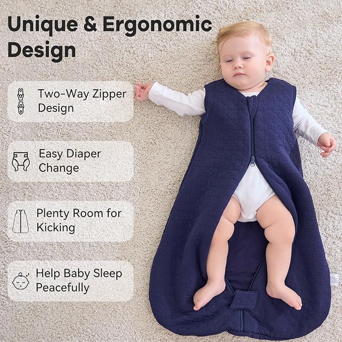 Unnivoll Baby Sleep Sack 12-18 Months TOG 2.5 Winter Baby Wearable Blanket, 100% Cotton Fabric Toddler Sleeping Sack 2-Way Zipper Quilted Baby Sleep Bag, Warm Soft Navy Blue