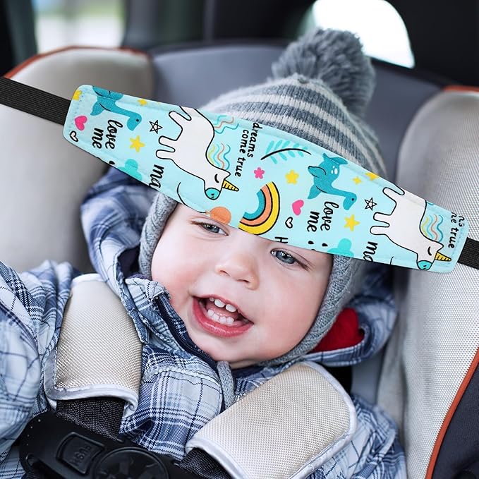 HESTYA 2 Pieces Baby Carseat Head Support Band Strap Headrest Stroller Seat Sleeping Headrest Neck Relief Head Strap Headband for Kids Children Toddler Infant(Unicorns and Dinosaurs)