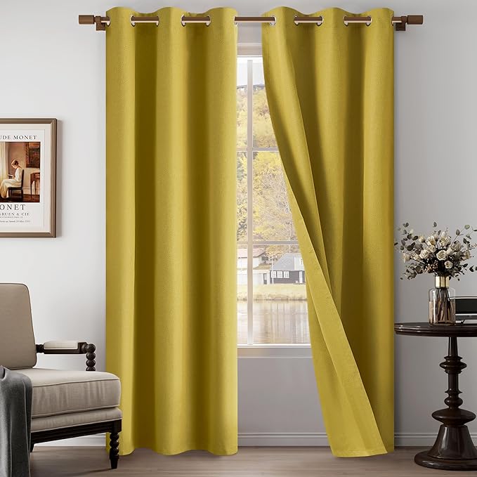 Gold 100% Blackout Linen Textured Curtains 84 Inch Length 2 Panels Set for Living Room, Bedroom, Full Blackout Curtains with Grommets Top, Gold, 37" W x 84" L, 2 Panels