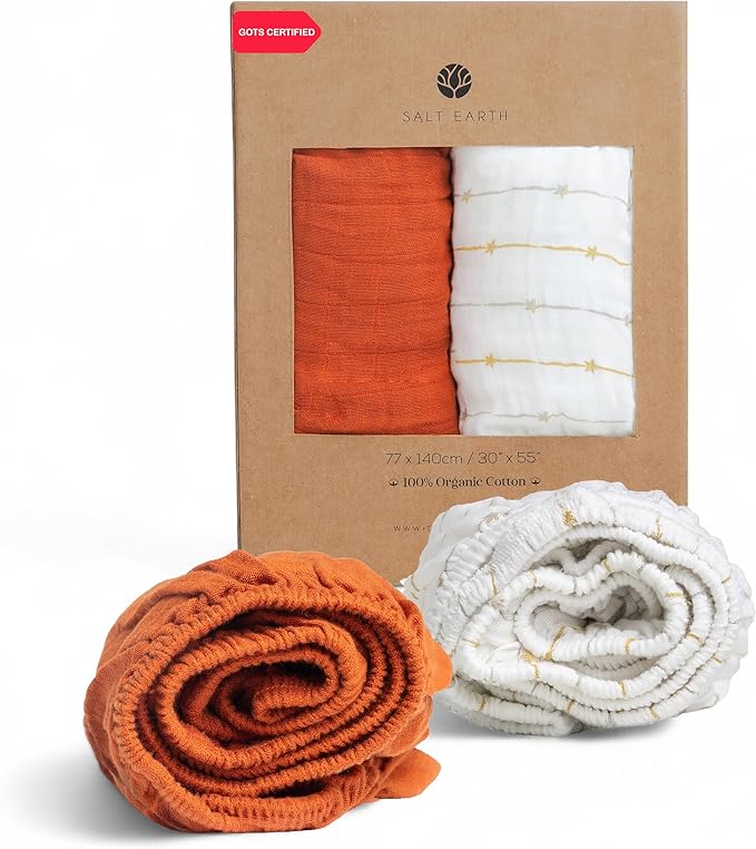 Salt Earth 100% Organic Cotton Muslin Standard Fitted Crib Sheet, 52"x28", 2 Pack Soft Breathable Natural Cotton Sheets Baby Mattress Bed Sheets, No Slip Neutral Baby Crib Sheet (Rust & Gold Star)