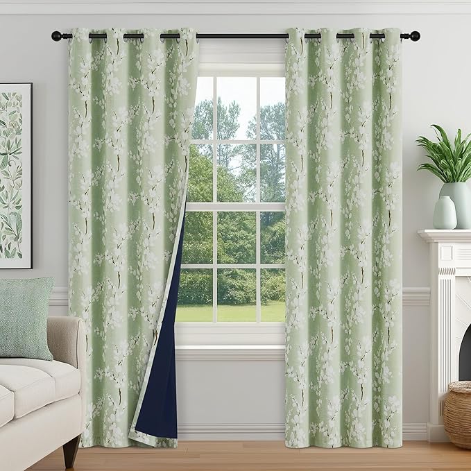 FMFUNCTEX 100% Blackout Curtains for Bedroom Sage Green Floral 108 Inches Long Curtain for Living Room Blossom Printed Thermal Insulated Extra Long Drapes for Farmhouse Décor 2 Panels Grommet Top