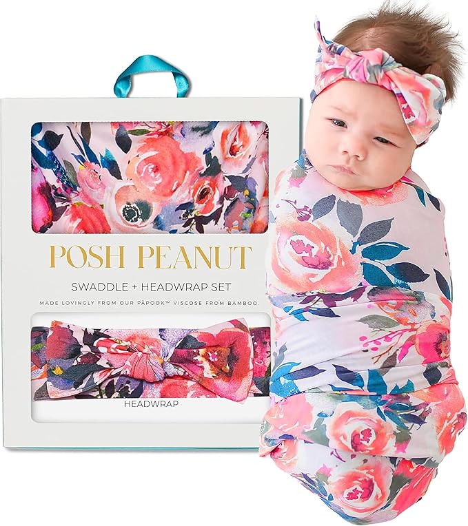 Posh Peanut Swaddle Blanket & Headband Set – Viscose from Bamboo Stretchy Baby Swaddle for Newborn Girls, Receiving Blanket or Nursing Cover