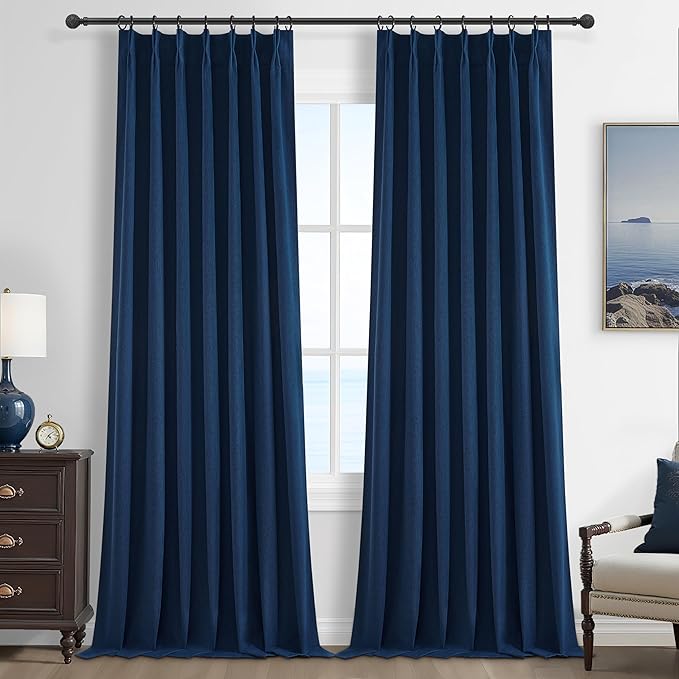Navy Blue Blackout Curtains 102 Inch Length for Kids/Boys Rooms/Bedroom, Pinch Pleated Drapes with Hooks Viral Linen Thermal Coastal Curtain Dark Blue Window Burg (40" Wx102 Lx 2 Panels)