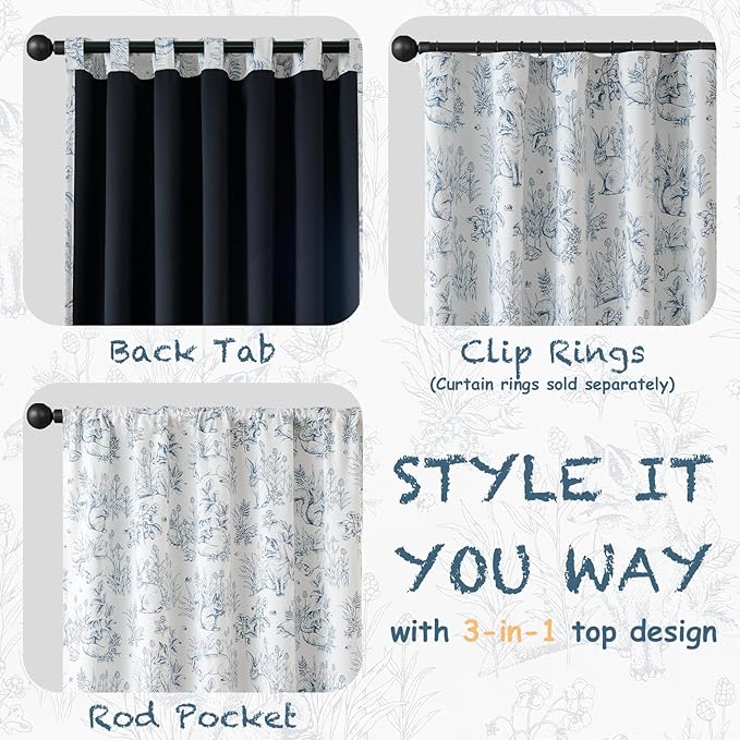jinchan 95% Blackout Nursery Curtains 84 Inches Long, Bunny Woodland Toile Curtains Blue on Beige Animal Printed Drapes for Bedroom Rod Pocket Thermal Insulated Farmhouse Window Treatment 2 Panels