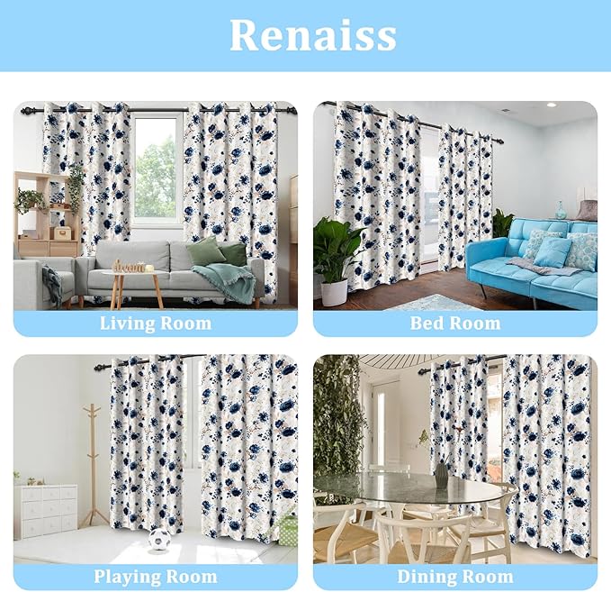 Renaiss Blue and White Floral Blackout Curtains Gold Line Rose Flowers Thermal Insulated Window Drapes for Bedroom 29W x 45L inches 2 Panel Set Window Curtain Panels for Kitchen