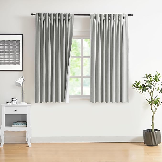 WEST LAKE Pinch Pleated Full Blackout Curtain Panels 63 Inches Long,Light Grey French Pleat Linen Blended Drapes,Modern Window Treatment for Bedroom,Back Tabs Hooks,40" Wx63 L(Pack of 2)