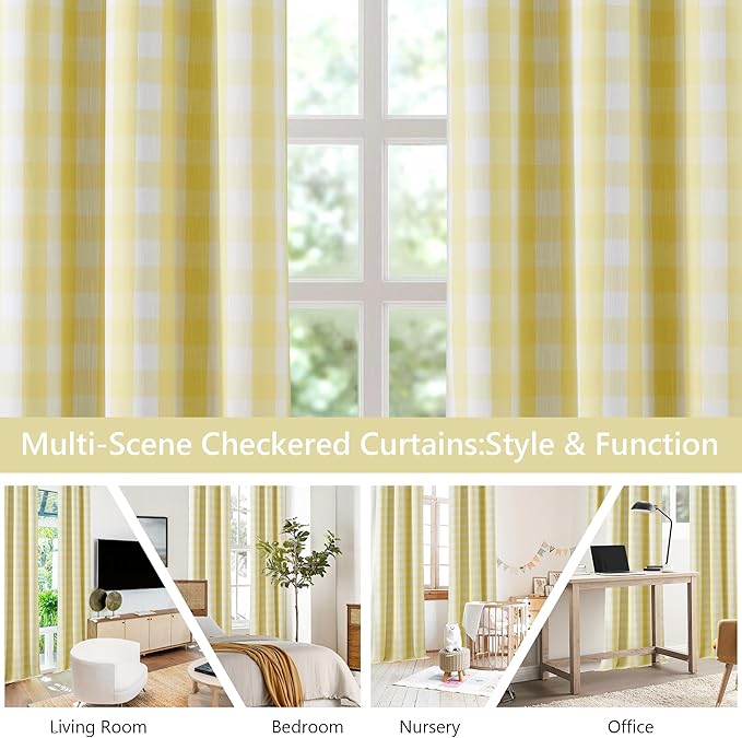Amzdecor Short Buffalo Check Plaid Full Blackout Curtains 63 Inches Long for Bedroom Noise Reducing Total Room Darkening Grommet Drapes,Cottage Farmhouse Window Treatment,2 Panels,40"x63",Yellow&White
