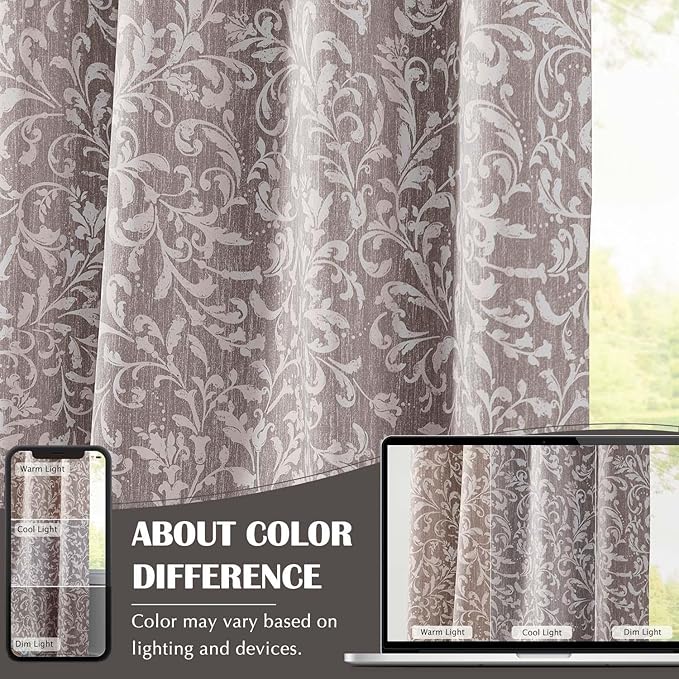 jinchan Blackout Curtains for Bedroom, Taupe Grey Scroll Floral Patterned Curtains 90 Inch Length for Living Room, Vintage Art Deco Drapes, Thermal Insulated Window Curtains Grommet 2 Panels