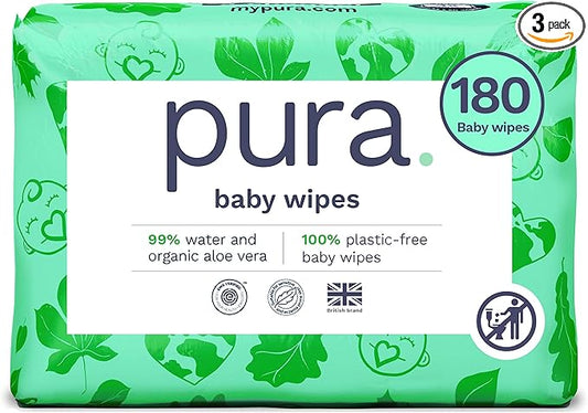 Pura Natural Sensitive Baby Wipes, 99% Water, Unscented & Hypoallergenic, Suitable for Sensitive & Eczema-prone Skin, Fragrance Free & Hypoallergenic, EWG Verified, 3 x 60 per pack (180 Wipes)
