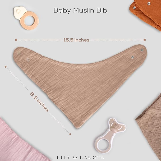 LILY O LAUREL Muslin Baby bibs for drooling and teething, 100% cotton, Bibs for baby girl, Muslin bibs for boys (8 Pack)
