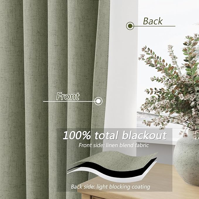 Sage Green 100% Blackout Curtains 45 Inch Length 2 Panels Set for Living Room Bedroom Back Tab Thermal Insulated Black Out Linen Drapes Room Darkening Window Curtains 52x45
