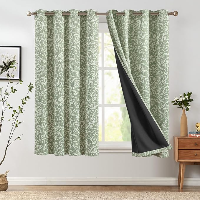 jinchan Blackout Curtains for Bedroom, Green Scroll Floral Patterned Curtains 63 Inch Length for Living Room, Farmhouse Vintage Art Deco Drapes, Thermal Insulated Window Curtains Grommet 2 Panels