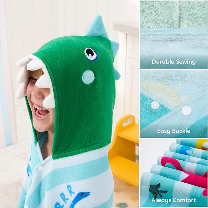 Joiedomi Hooded Towels for Kids Dinosaur Print Soft 100% Cotton Kids Beach Towel 30" x 50" for 3-10 Years Boys Girls Beach Hooded Poncho Absorbent Pool Toddler Swim Bath Wrap