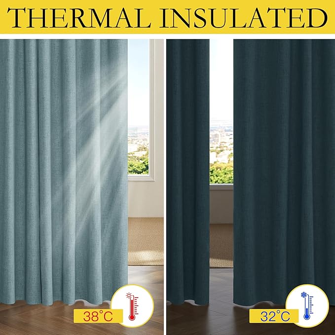 NICETOWN Skylark Blue 100% Blackout Short Curtains 63" Long for Kitchen, Burlap Linen Blend Drapes with Thermal Insulated Grey Liner, Keeping Out Cold Air and Heat Panels (Set of 2, 52" Width)