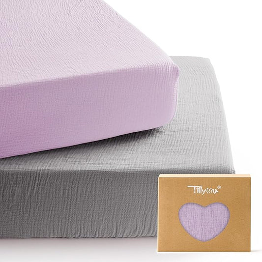 TILLYOU 2 Pack Muslin Crib Sheets for Boys and Girls, 100% Cotton Fitted Crib Sheet for Toddler 52x28 Standard Crib Mattress, Grey and Purple