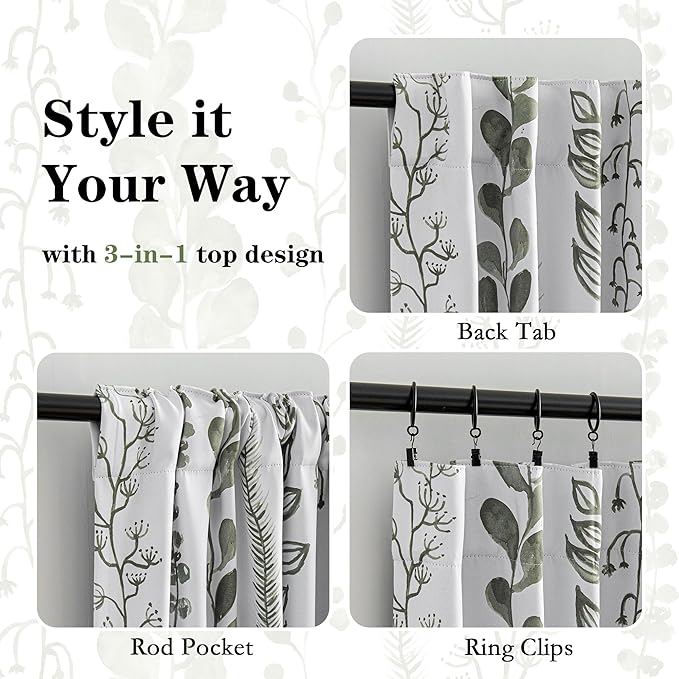 MEETSKY Sage Green Blackout Curtains 63 Inches Long 2 Panels Boho Curtains for Living Room Thermal Insulated Privacy Protection Rod Pocket Drapes for Bedroom, Leaf Print Window Treatment, 50" Wide