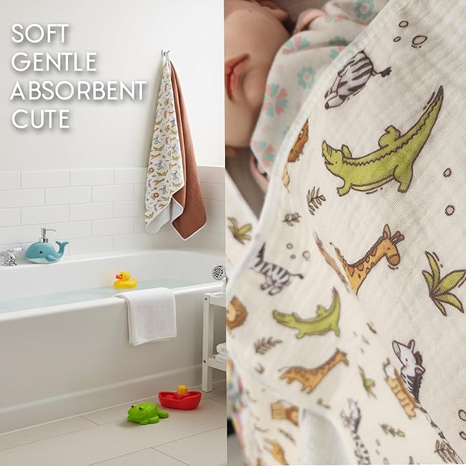 2-Pack Muslin Hooded Baby Towels, 100% Cotton, Towels for Babies, Infants, Toddles, Soft and Absorbent for Boy and Girl, Double Layered Towel with Hood, Babies Muslin Towel Set (Cute Animals)
